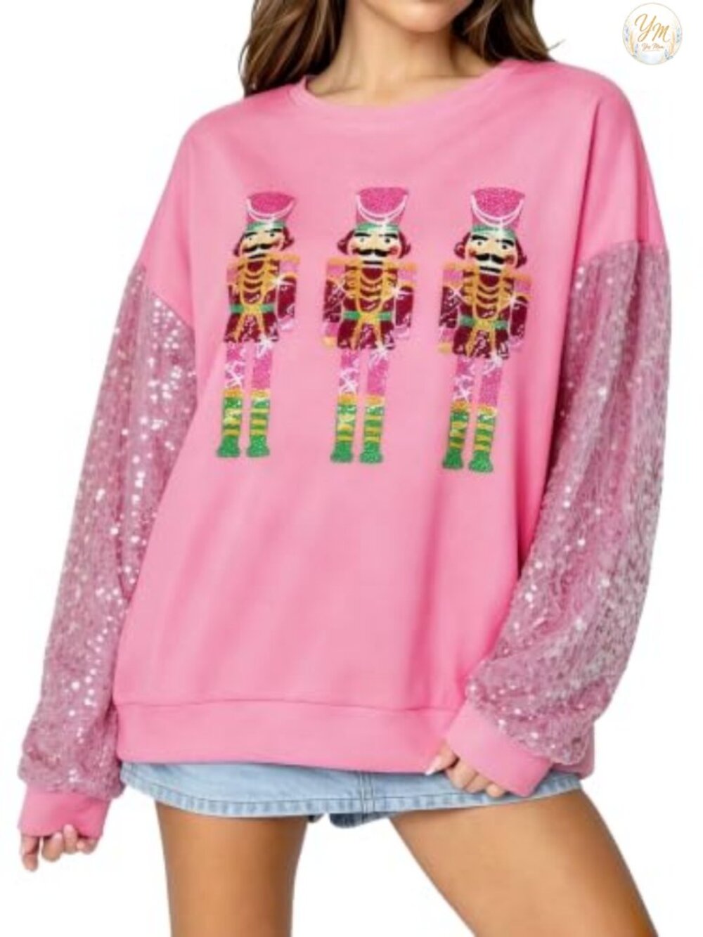 Women's Christmas Sequin Sleeve Crewneck Sweatshirt Pullover Holiday Top